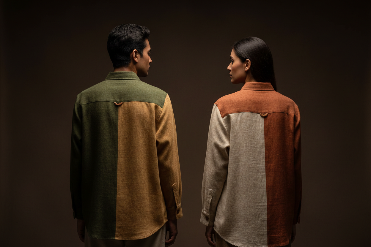 Two people in banana fabric shirts
